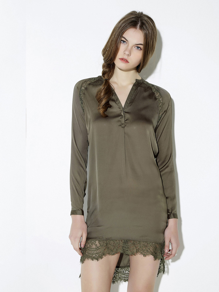 Army Green V Neck Lace Trim Shift Dress  The CHINA's leading wholesale  clothing supplier